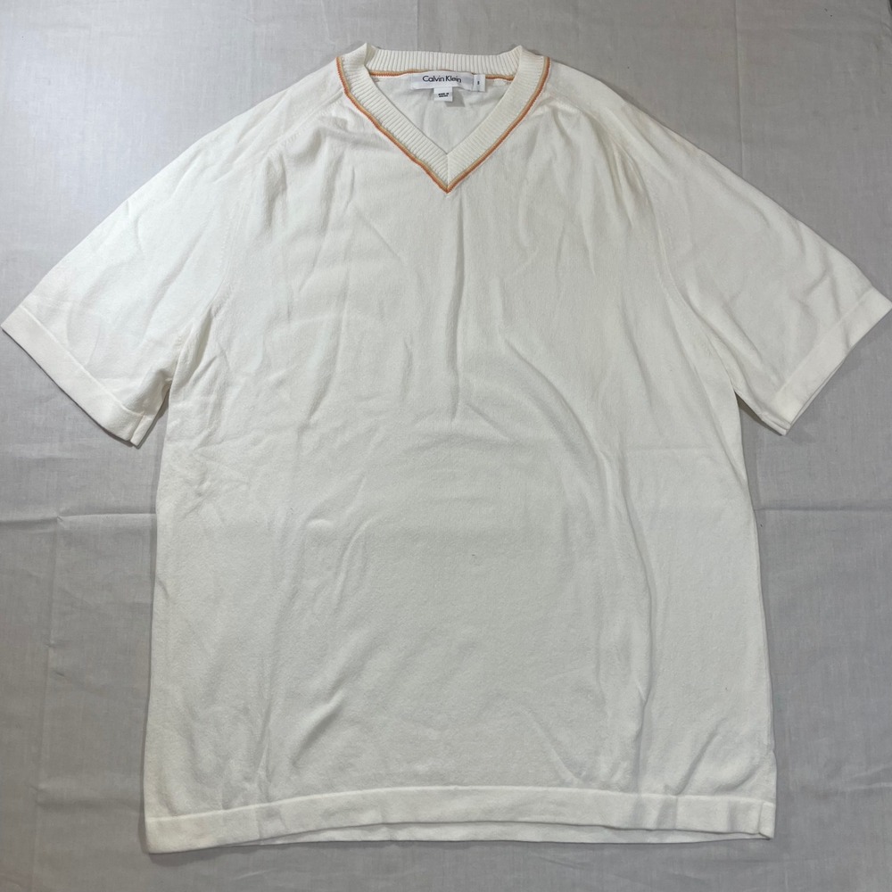 Calvin Klein Mens White V-Neck Short Sleeve Cotton Knit Sweater Size S Trim